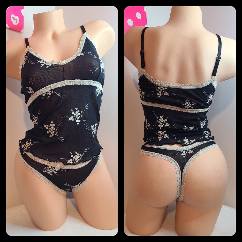 VTG Skimpies Embroidered Mesh Cami/ Panty Set Size Lg